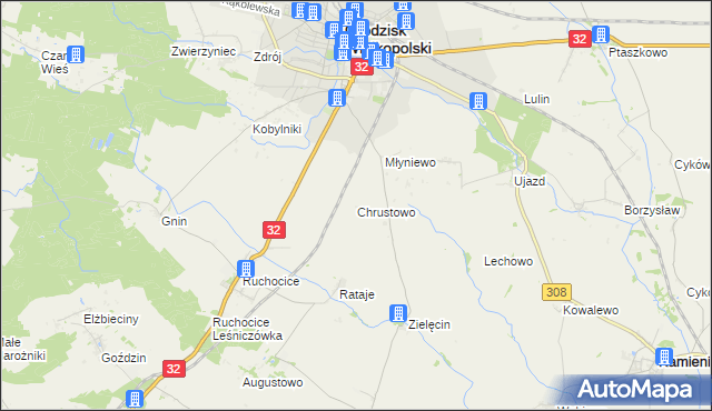 mapa Chrustowo gmina Grodzisk Wielkopolski, Chrustowo gmina Grodzisk Wielkopolski na mapie Targeo