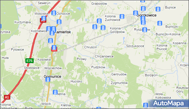 mapa Chrzanowice gmina Gomunice, Chrzanowice gmina Gomunice na mapie Targeo