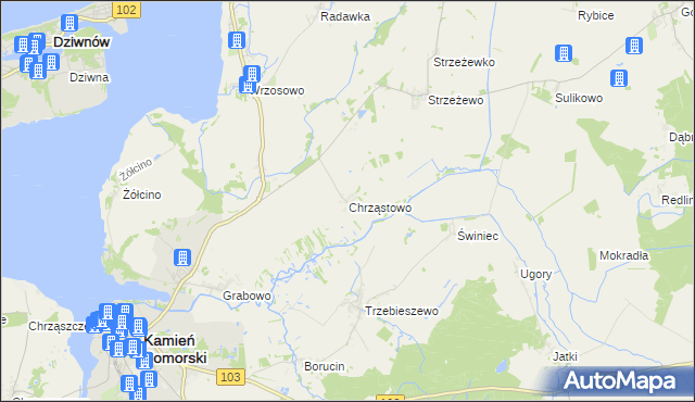 mapa Chrząstowo gmina Kamień Pomorski, Chrząstowo gmina Kamień Pomorski na mapie Targeo