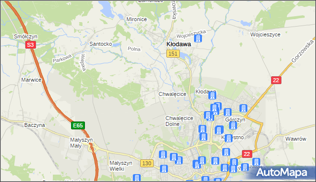 mapa Chwalęcice gmina Kłodawa, Chwalęcice gmina Kłodawa na mapie Targeo