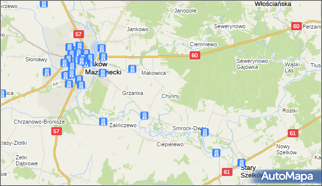 mapa Chyliny gmina Szelków, Chyliny gmina Szelków na mapie Targeo