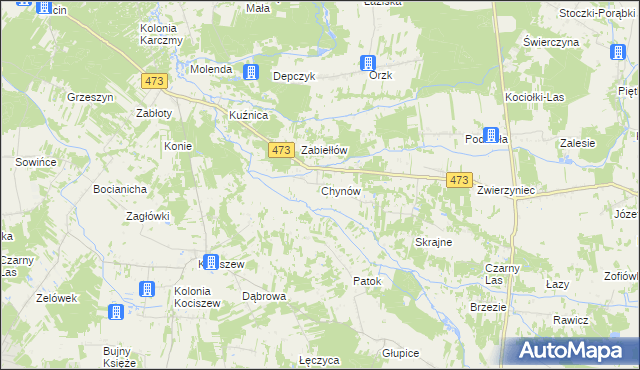 mapa Chynów gmina Drużbice, Chynów gmina Drużbice na mapie Targeo