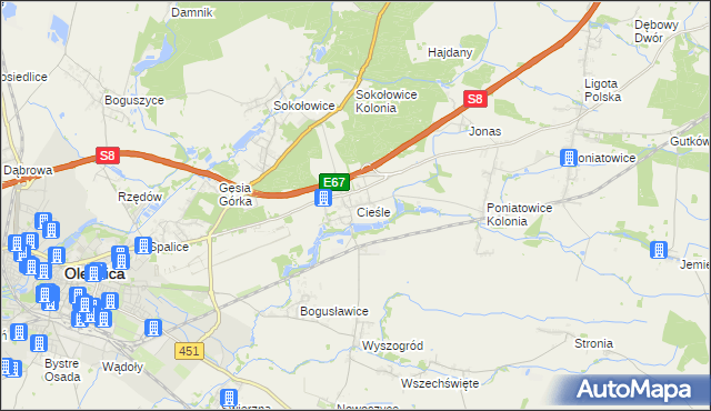 mapa Cieśle gmina Oleśnica, Cieśle gmina Oleśnica na mapie Targeo