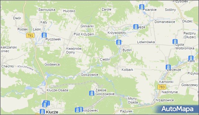 mapa Cieślin gmina Klucze, Cieślin gmina Klucze na mapie Targeo