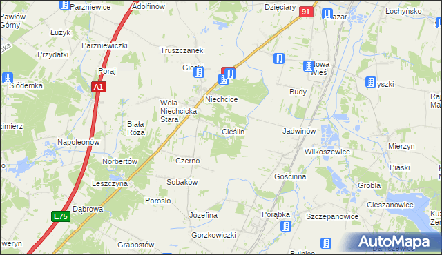 mapa Cieślin gmina Rozprza, Cieślin gmina Rozprza na mapie Targeo