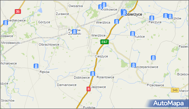 mapa Cieszyce gmina Kobierzyce, Cieszyce gmina Kobierzyce na mapie Targeo