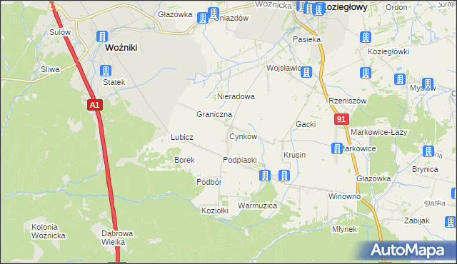 mapa Cynków gmina Koziegłowy, Cynków gmina Koziegłowy na mapie Targeo