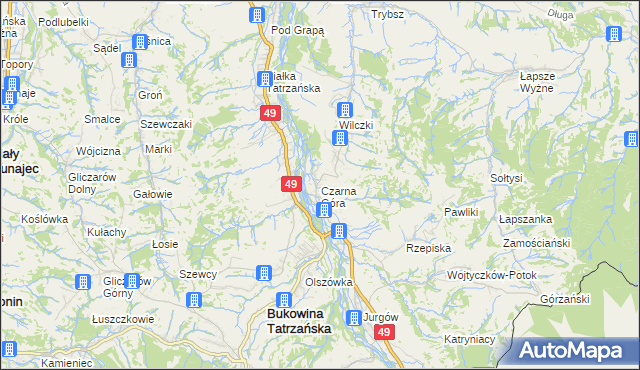 mapa Czarna Góra gmina Bukowina Tatrzańska, Czarna Góra gmina Bukowina Tatrzańska na mapie Targeo