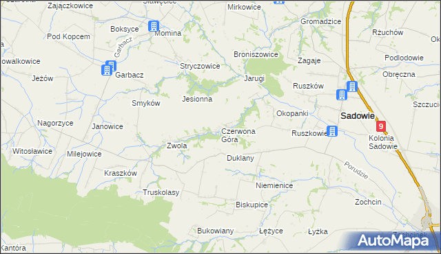 mapa Czerwona Góra gmina Sadowie, Czerwona Góra gmina Sadowie na mapie Targeo