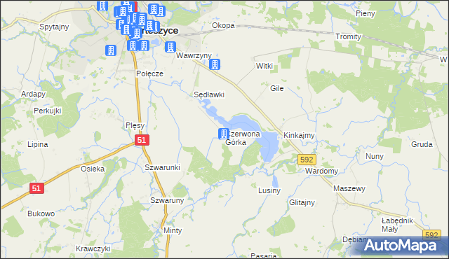 mapa Czerwona Górka gmina Bartoszyce, Czerwona Górka gmina Bartoszyce na mapie Targeo