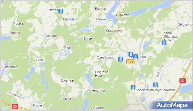 mapa Częstkowo gmina Kościerzyna, Częstkowo gmina Kościerzyna na mapie Targeo