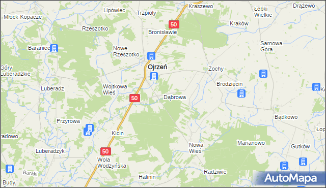 mapa Dąbrowa gmina Ojrzeń, Dąbrowa gmina Ojrzeń na mapie Targeo