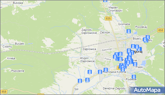 mapa Dąbrowica gmina Biłgoraj, Dąbrowica gmina Biłgoraj na mapie Targeo