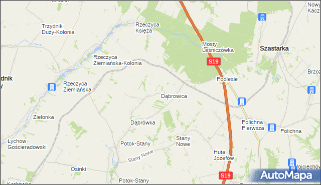 mapa Dąbrowica gmina Potok Wielki, Dąbrowica gmina Potok Wielki na mapie Targeo