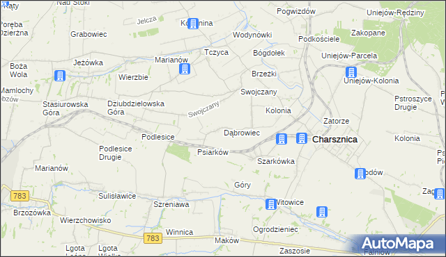 mapa Dąbrowiec gmina Charsznica, Dąbrowiec gmina Charsznica na mapie Targeo