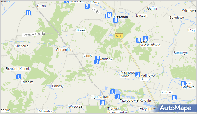mapa Damiany gmina Czerwin, Damiany gmina Czerwin na mapie Targeo