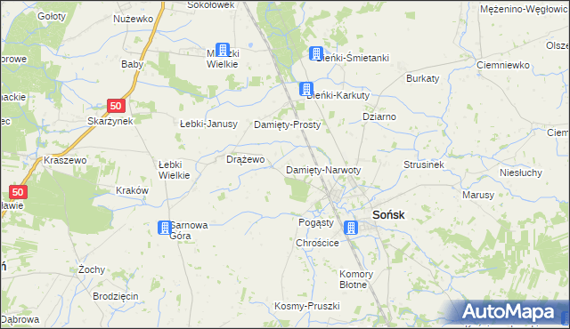 mapa Damięty-Narwoty, Damięty-Narwoty na mapie Targeo