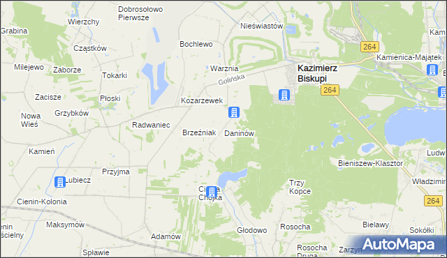 mapa Daninów gmina Kazimierz Biskupi, Daninów gmina Kazimierz Biskupi na mapie Targeo