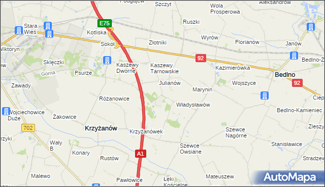 mapa Daninów gmina Krzyżanów, Daninów gmina Krzyżanów na mapie Targeo