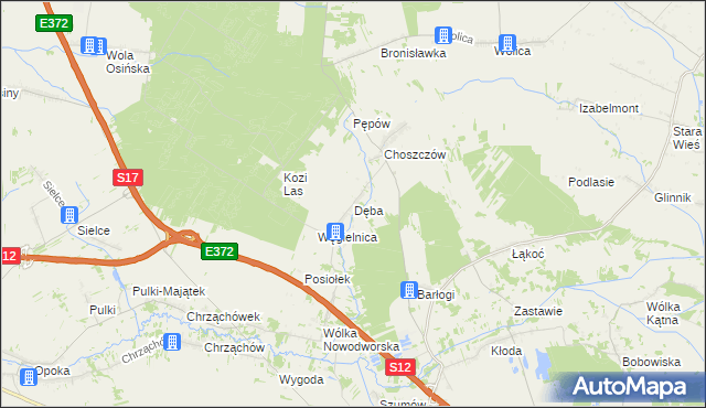 mapa Dęba gmina Kurów, Dęba gmina Kurów na mapie Targeo