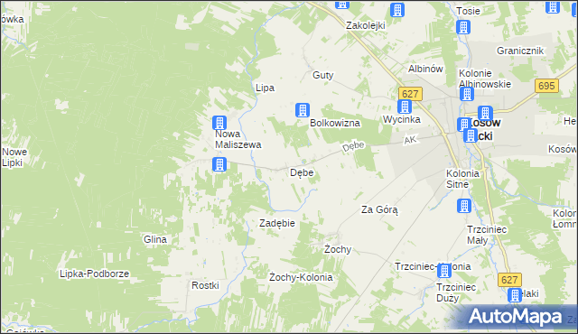 mapa Dębe gmina Kosów Lacki, Dębe gmina Kosów Lacki na mapie Targeo