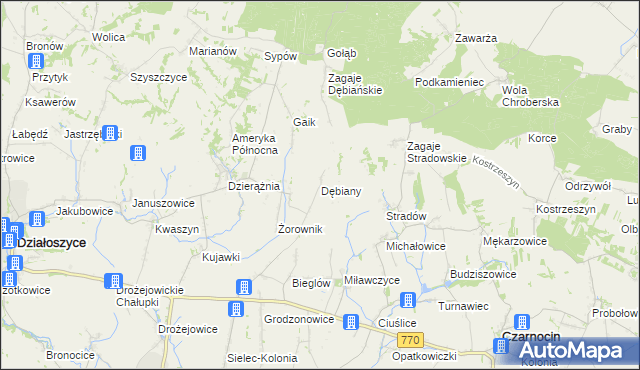 mapa Dębiany gmina Działoszyce, Dębiany gmina Działoszyce na mapie Targeo