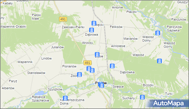 mapa Dębie gmina Popów, Dębie gmina Popów na mapie Targeo