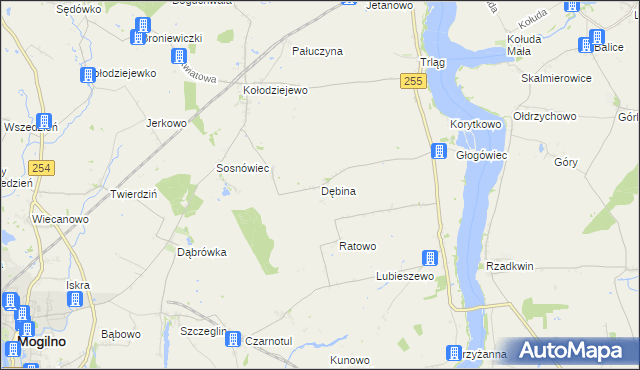 mapa Dębina gmina Janikowo, Dębina gmina Janikowo na mapie Targeo