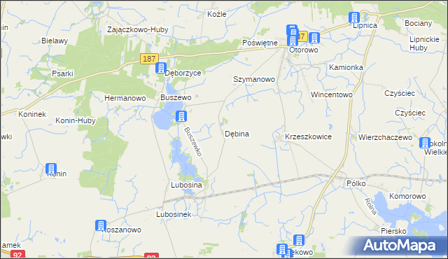 mapa Dębina gmina Pniewy, Dębina gmina Pniewy na mapie Targeo