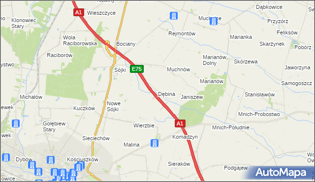 mapa Dębina gmina Strzelce, Dębina gmina Strzelce na mapie Targeo