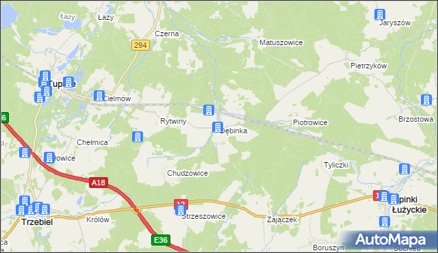 mapa Dębinka gmina Trzebiel, Dębinka gmina Trzebiel na mapie Targeo