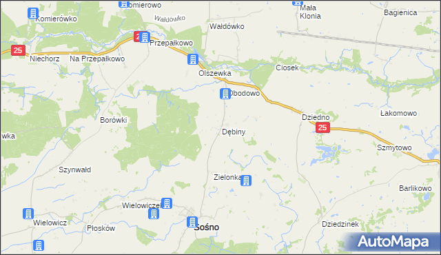 mapa Dębiny gmina Sośno, Dębiny gmina Sośno na mapie Targeo