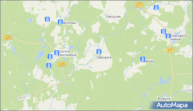 mapa Dębogóra gmina Wieleń, Dębogóra gmina Wieleń na mapie Targeo