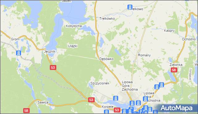 mapa Dębówko gmina Szczytno, Dębówko gmina Szczytno na mapie Targeo