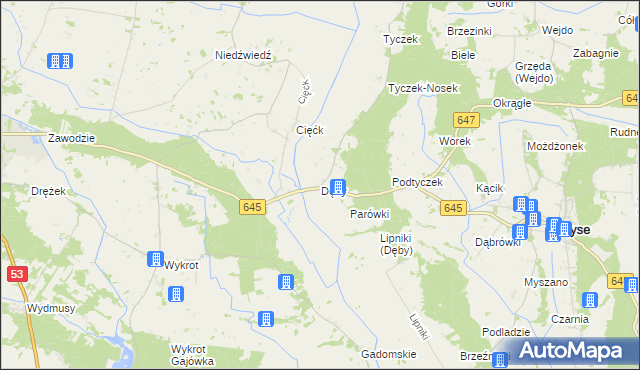 mapa Dęby gmina Łyse, Dęby gmina Łyse na mapie Targeo