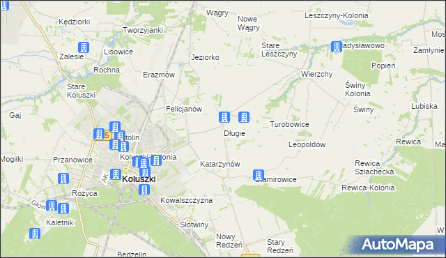 mapa Długie gmina Koluszki, Długie gmina Koluszki na mapie Targeo