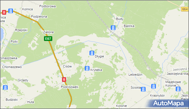 mapa Długie gmina Sztabin, Długie gmina Sztabin na mapie Targeo