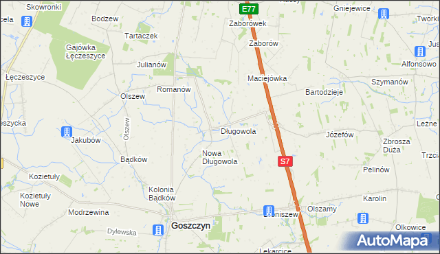 mapa Długowola gmina Goszczyn, Długowola gmina Goszczyn na mapie Targeo