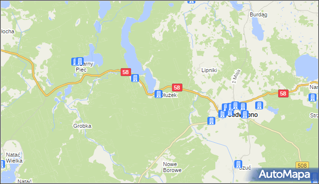 mapa Dłużek gmina Jedwabno, Dłużek gmina Jedwabno na mapie Targeo