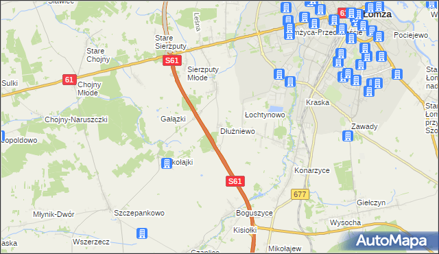 mapa Dłużniewo gmina Łomża, Dłużniewo gmina Łomża na mapie Targeo