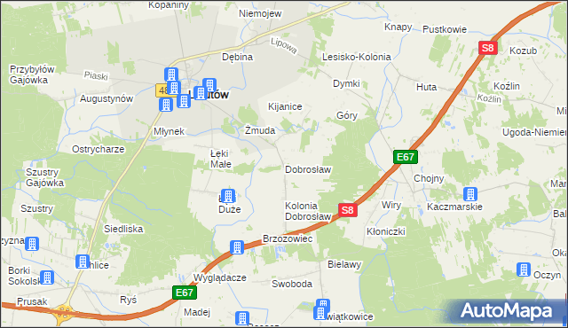 mapa Dobrosław gmina Lututów, Dobrosław gmina Lututów na mapie Targeo