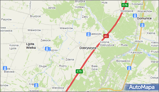 mapa Dobryszyce, Dobryszyce na mapie Targeo