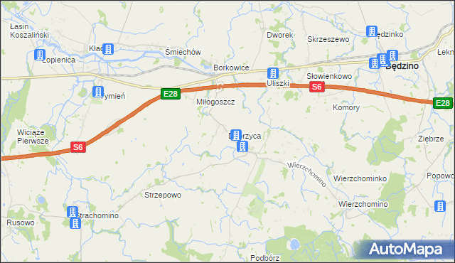 mapa Dobrzyca gmina Będzino, Dobrzyca gmina Będzino na mapie Targeo