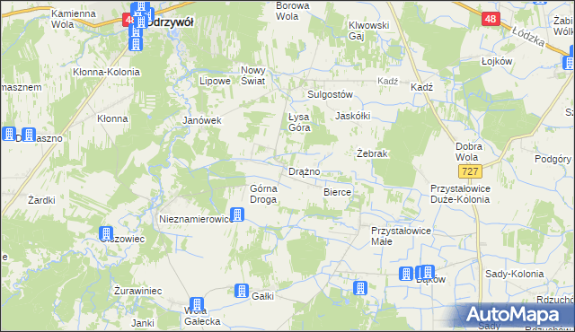 mapa Drążno gmina Klwów, Drążno gmina Klwów na mapie Targeo