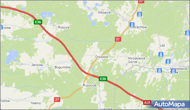 mapa Drozdów gmina Żary, Drozdów gmina Żary na mapie Targeo