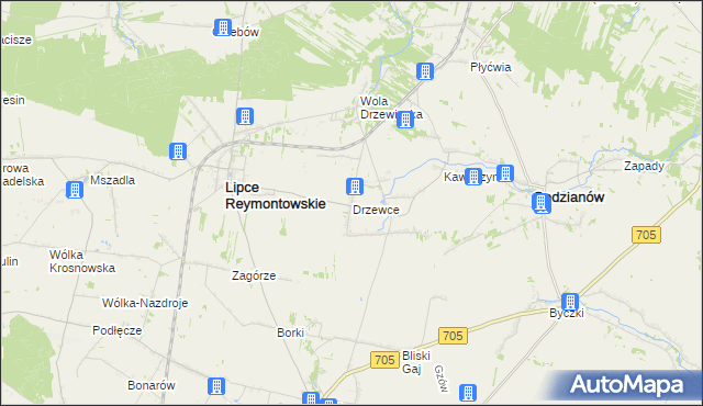 mapa Drzewce gmina Lipce Reymontowskie, Drzewce gmina Lipce Reymontowskie na mapie Targeo