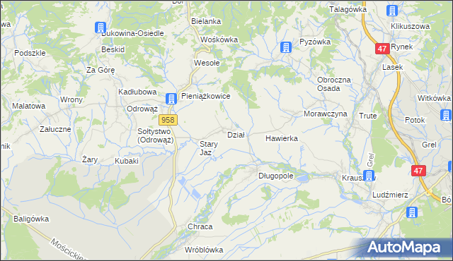 mapa Dział gmina Czarny Dunajec, Dział gmina Czarny Dunajec na mapie Targeo