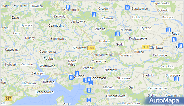 mapa Dziekanowice gmina Dobczyce, Dziekanowice gmina Dobczyce na mapie Targeo