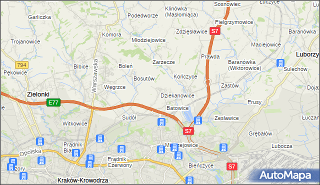 mapa Dziekanowice gmina Zielonki, Dziekanowice gmina Zielonki na mapie Targeo