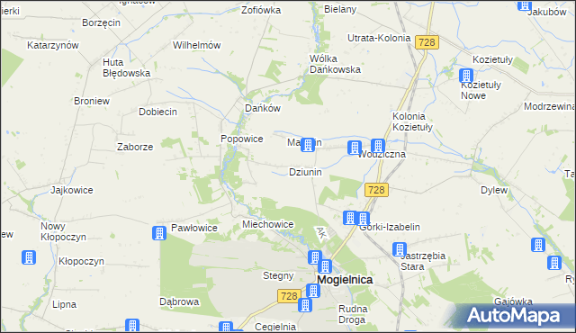 mapa Dziunin gmina Mogielnica, Dziunin gmina Mogielnica na mapie Targeo